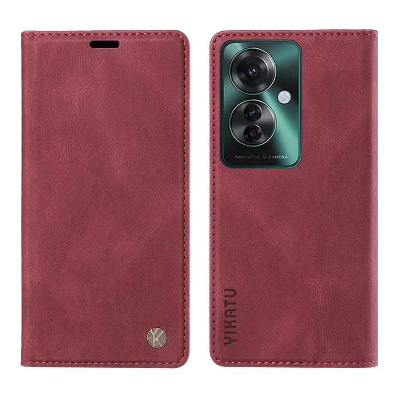 YIKATU YK-004 para Oppo Reno11 F 5G / F25 Pro 5G Funda de Piel Táctil Sentida Billetera Funda de Teléfono - Rojo Vino