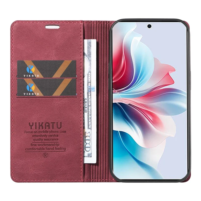 YIKATU YK-004 para Oppo Reno11 F 5G / F25 Pro 5G Funda de Piel Táctil Sentida Billetera Funda de Teléfono - Rojo Vino