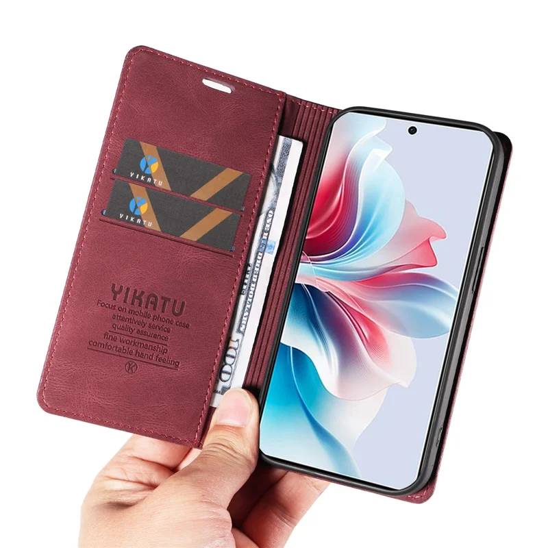 YIKATU YK-004 para Oppo Reno11 F 5G / F25 Pro 5G Funda de Piel Táctil Sentida Billetera Funda de Teléfono - Rojo Vino