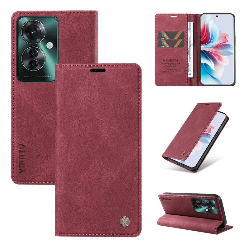 YIKATU YK-004 para Oppo Reno11 F 5G / F25 Pro 5G Funda de Piel Táctil Sentida Billetera Funda de Teléfono - Rojo Vino