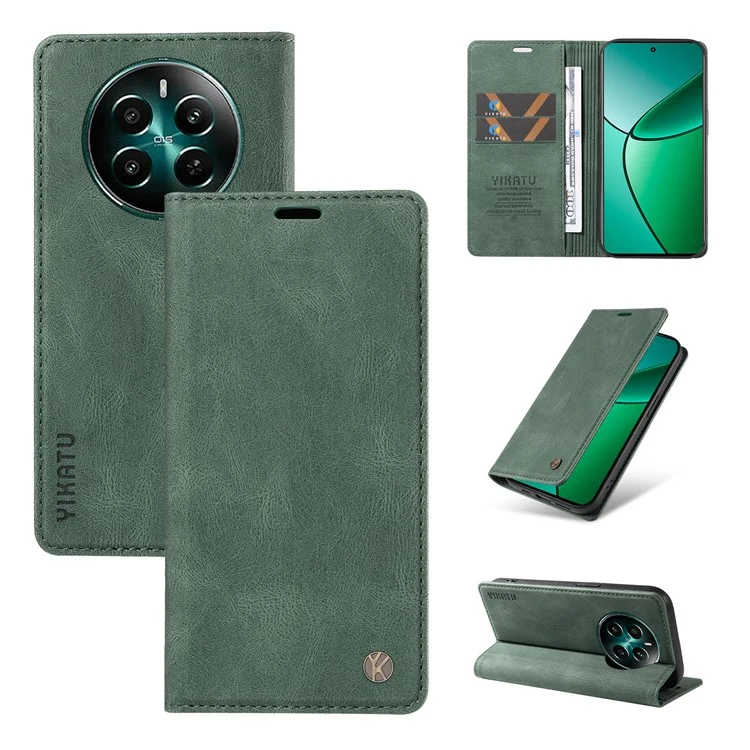 YIKATU YK-004 für Realme 12 4G / 12+ 5G Handyhülle, Flip-Folio-Geldbörse mit Kartenfächern - Grün