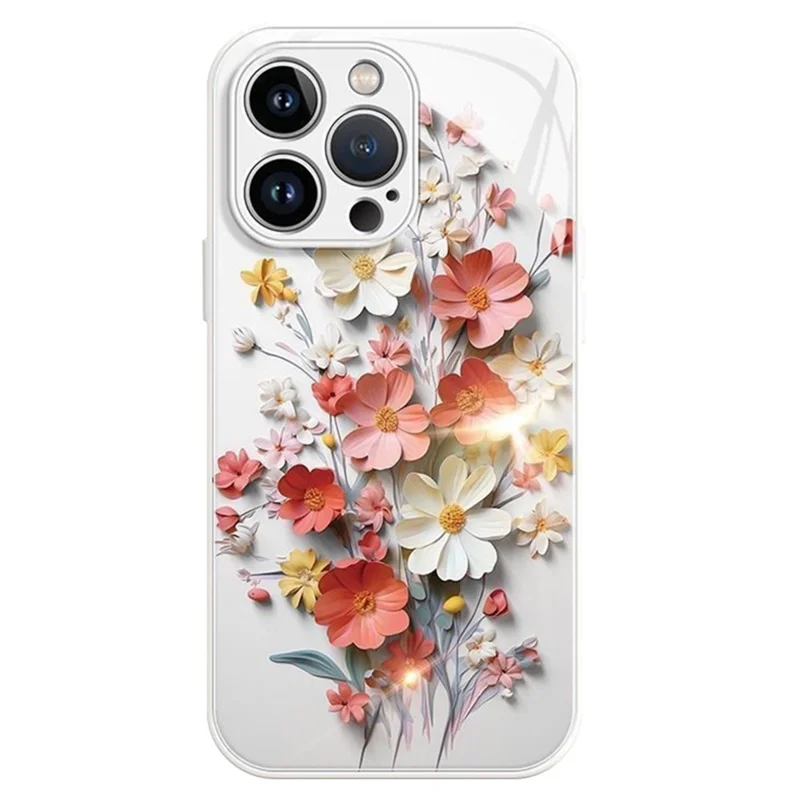 For iPhone 15 Pro Max Case Pattern Printed Tempered Glass TPU Phone Cover - White