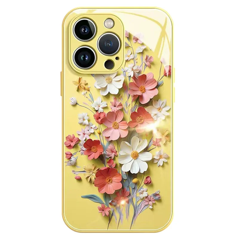 Para iPhone 15 Pro Max Capa Padrão Impresso Vidro Temperado TPU Capa do Telefone - Amarelo