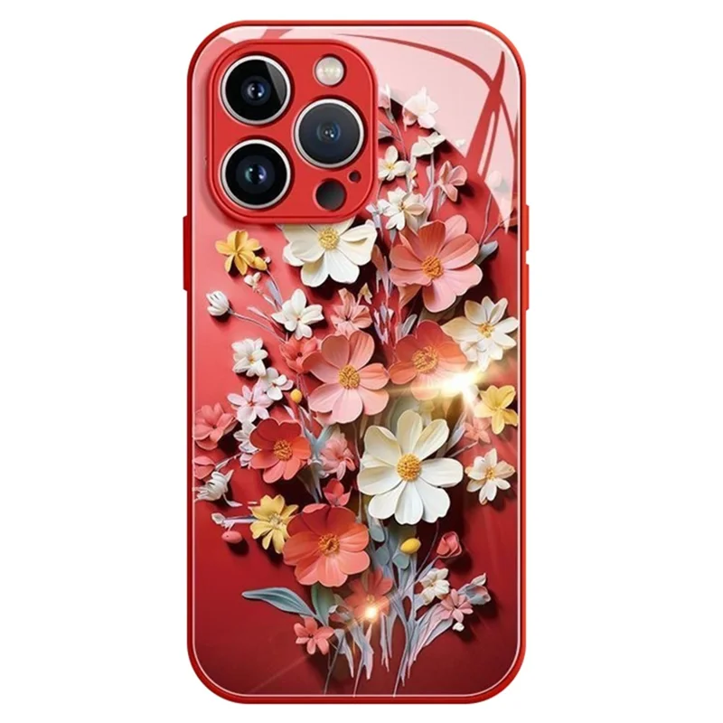For iPhone 15 Pro Hybrid Case Tempered Glass+TPU Bouquet Design Mobile Phone Shell - Red