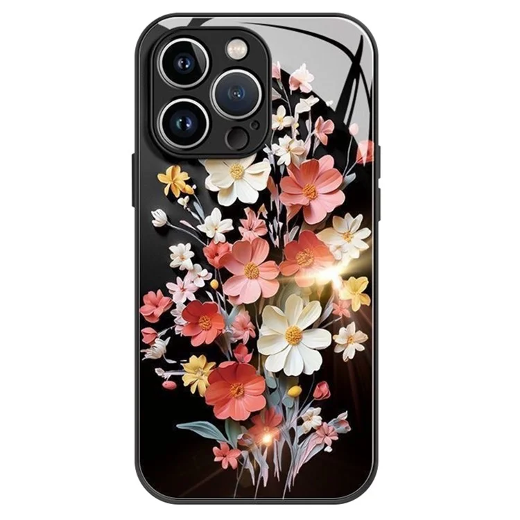 Für iPhone 13 Pro 6.1 Zoll Case Stoßfestes gehärtetes Glas+TPU Bouquet Design Handy-Cover - Schwarz