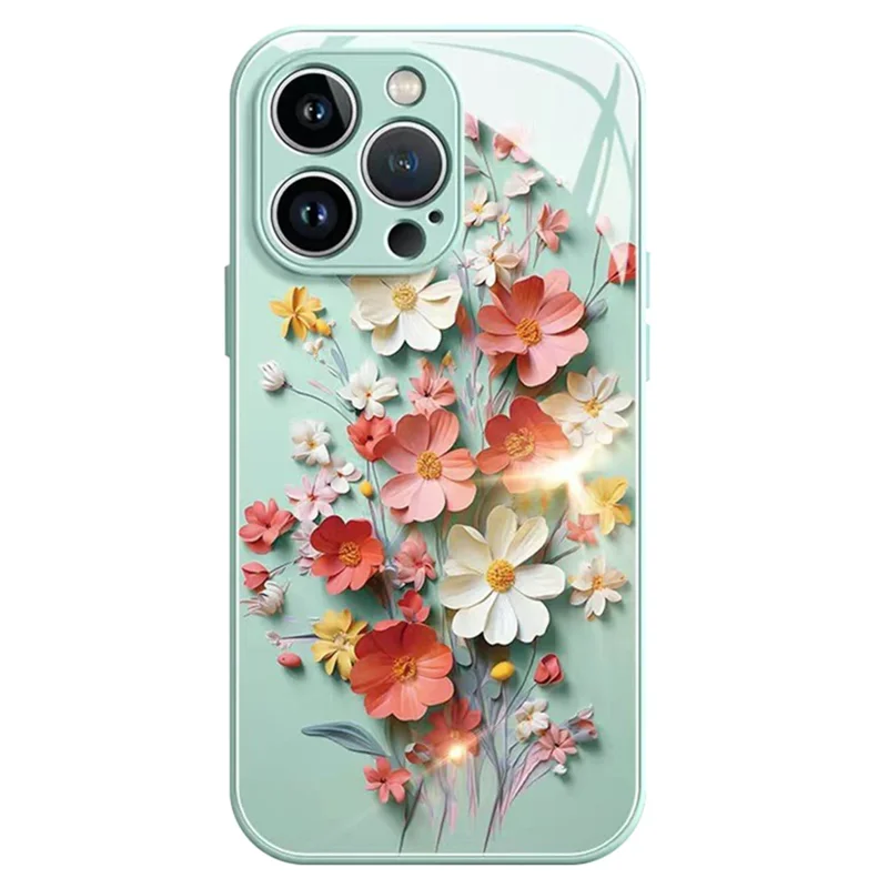 For iPhone 13 Pro 6.1 inch Case Shockproof Tempered Glass+TPU Bouquet Design Cell Phone Cover - Light Green