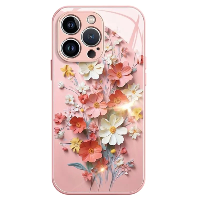 For iPhone 12 Pro Max Case Hybrid Tempered Glass+TPU Bouquet Design Phone Cover - Pink