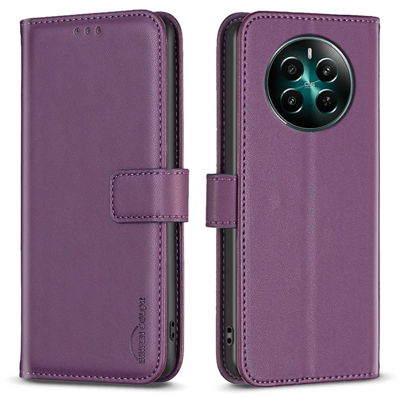 BINFEN COLOR BF17 For Realme 12 4G / 12+ 5G Case PU Leather Folio Magnetic Clasp Stand View Phone Cover - Dark Purple