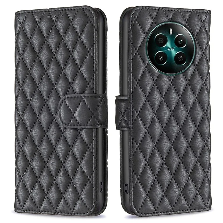BINFEN COLOR BF Style-14 Für Realme 12 4G / 12+ 5G Case Wallet Rhombus Leder Handyhülle - Schwarz