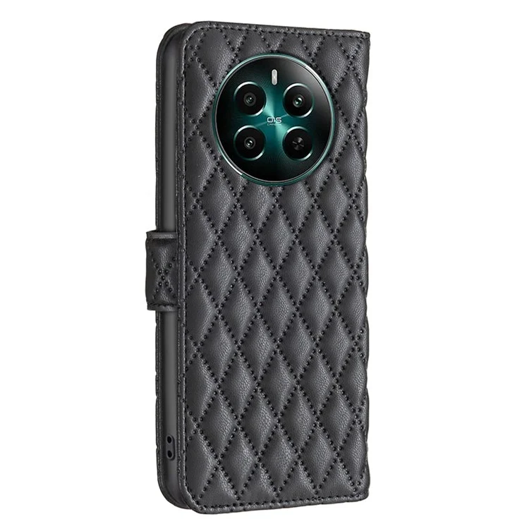 BINFEN COLOR BF Style-14 Für Realme 12 4G / 12+ 5G Case Wallet Rhombus Leder Handyhülle - Schwarz