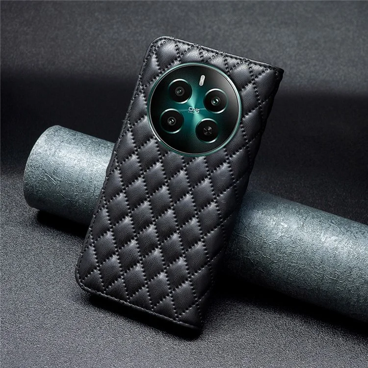 BINFEN COLOR BF Style-14 Für Realme 12 4G / 12+ 5G Case Wallet Rhombus Leder Handyhülle - Schwarz