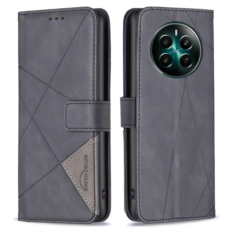 BINFEN COLOR For Realme 12 4G / 12+ 5G Phone Cases Wallet Stand Geometry Imprint Leather Cover - Black