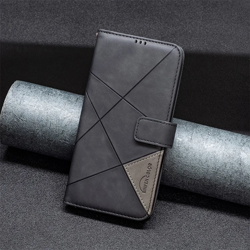 BINFEN COLOR For Realme 12 4G / 12+ 5G Phone Cases Wallet Stand Geometry Imprint Leather Cover - Black