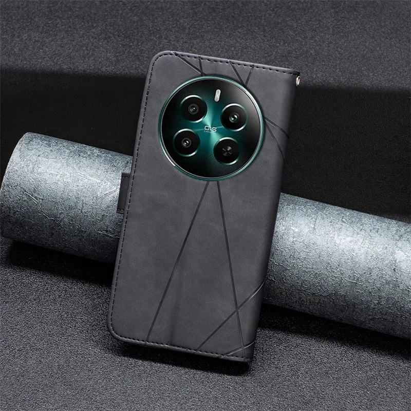 BINFEN COLOR For Realme 12 4G / 12+ 5G Phone Cases Wallet Stand Geometry Imprint Leather Cover - Black