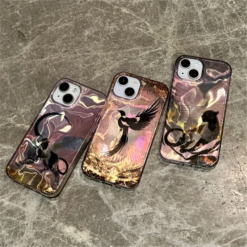 Coque pour iPhone 15 Motif Effet Laser PC+TPU Antichoc - Black Phoenix