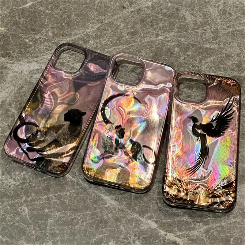 Coque pour iPhone 15 Motif Effet Laser PC+TPU Antichoc - Black Phoenix