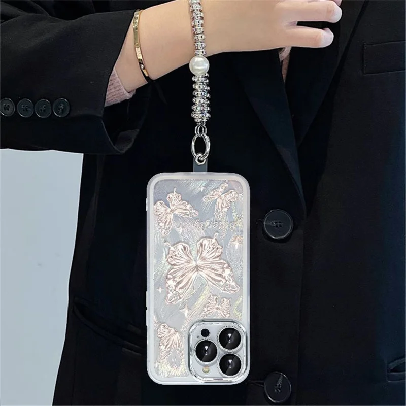 TPU-hoesje voor iPhone 15 Pro Max met vlindermotief, achterkant met glitterpapier van veerachtig gaas