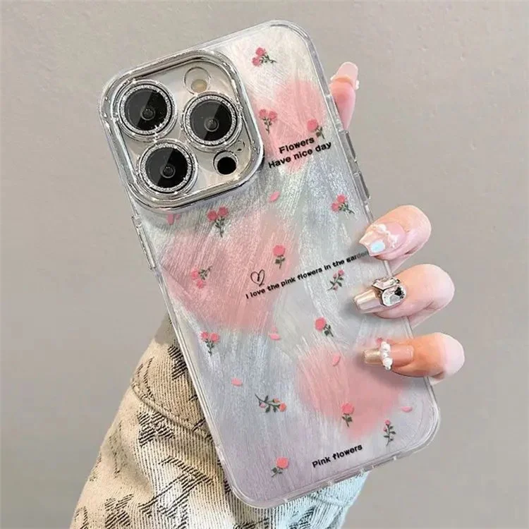 iPhone 15 Pro Hülle Heart Flower Pattern IMD TPU+PC Handyhülle - Rosa