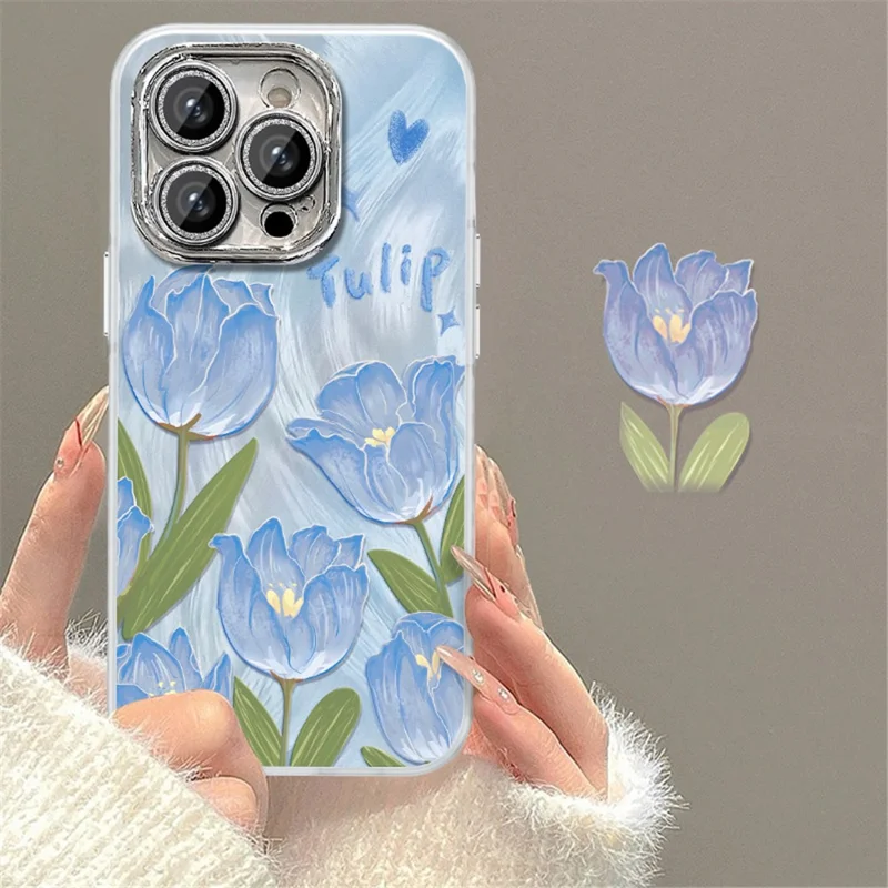 For iPhone 15 Pro Max Case Tulpblomstermønster Printet Blød TPU Telefonbeskytter - Blå