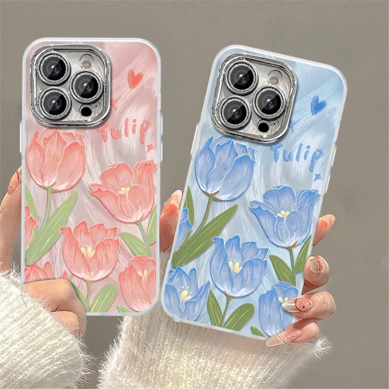 For iPhone 14 Pro Max TPU Case Cute Aesthetic Tulip Flower Phone Cover - Purple