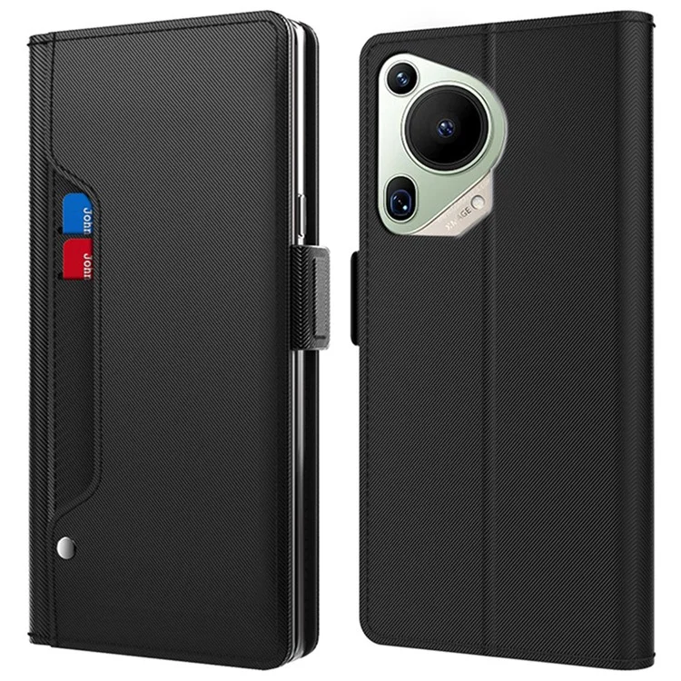 For Huawei Pura 70 Ultra Case Mirror Design Card Holder Phone Cover with Magnetic Clasp - Black