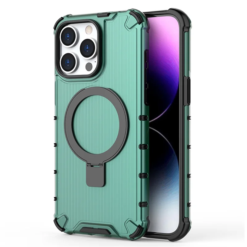 For iPhone 15 Pro Case Stripe Design PC+TPU Phone Cover with Magnetic Rotate Ring Holder - Green