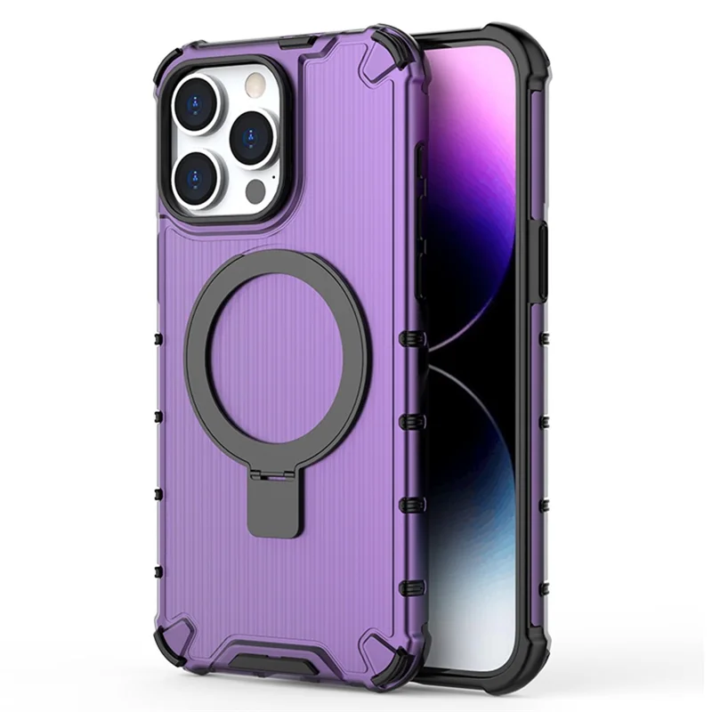 For iPhone 15 Pro Max Case Stripe Design Magnetic Ring Kickstand PC+TPU Phone Cover - Purple