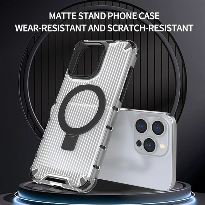 For iPhone 15 Pro Max Case Stripe Design Magnetic Ring Kickstand PC+TPU Phone Cover - Purple