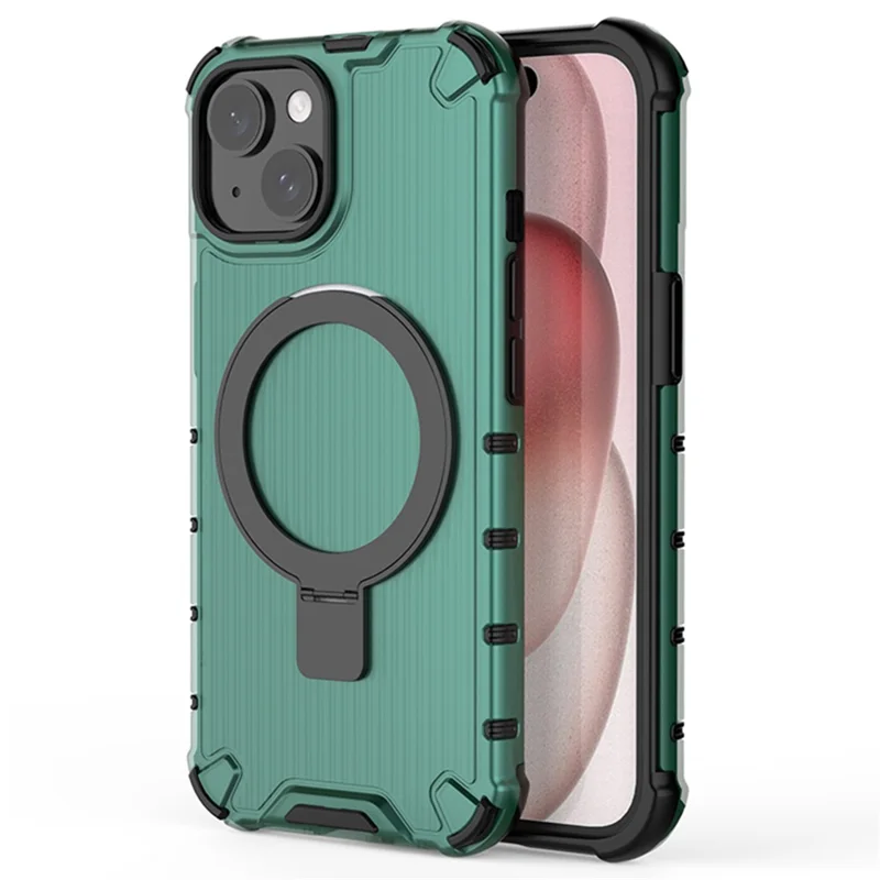 For iPhone 15 Plus Case Stripe Design PC+TPU Magnetic Phone Shell with Ring Kickstand - Green