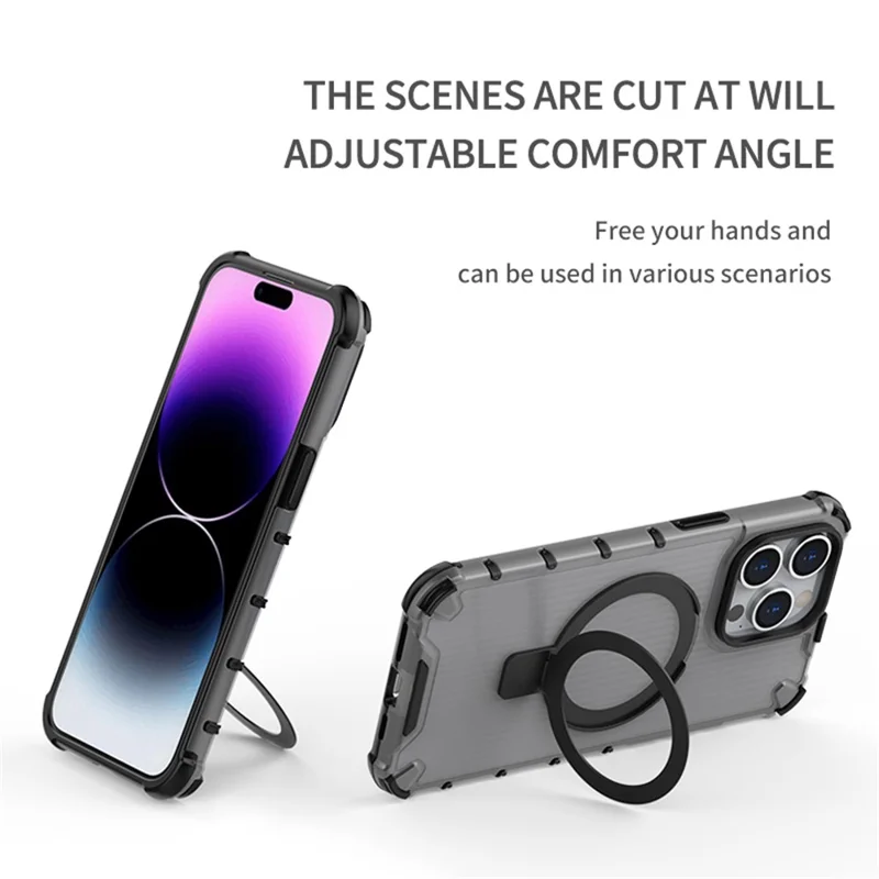 For iPhone 14 Pro PC+TPU Case Stripe Design Kickstand Magnetic Phone Cover - Purple