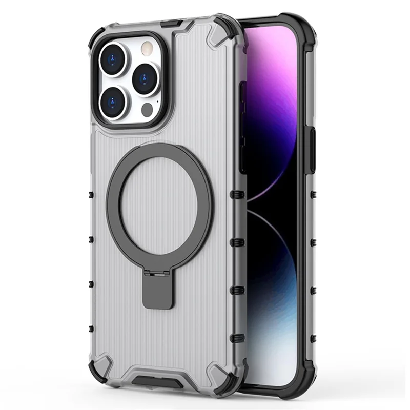 For iPhone 14 Pro PC+TPU Case Stripe Design Kickstand Magnetic Phone Cover - Grey