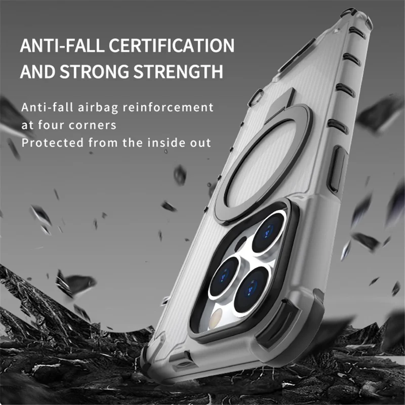 For iPhone 14 Pro PC+TPU Case Stripe Design Kickstand Magnetic Phone Cover - Grey