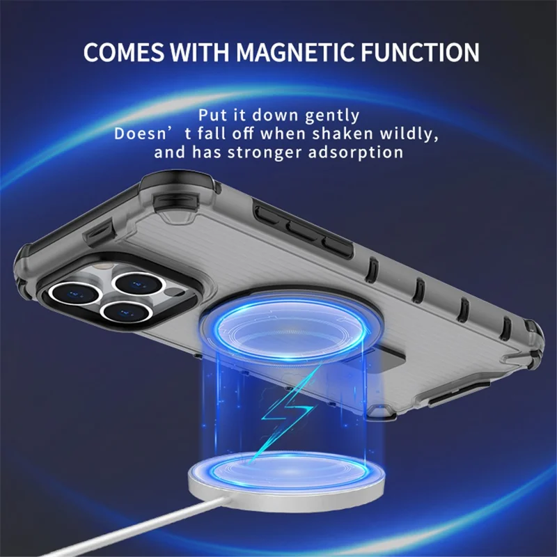 For iPhone 14 Pro PC+TPU Case Stripe Design Kickstand Magnetic Phone Cover - Grey