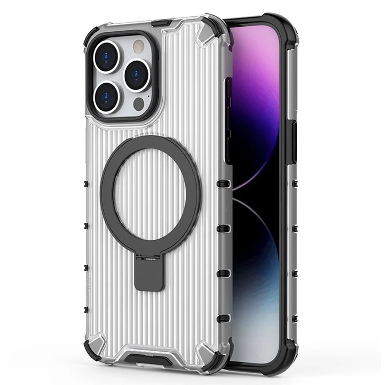 For iPhone 12 Pro Max 6.7 inch Case Stripe Design Magnetic Ring Kickstand PC+TPU Phone Cover - Transparent