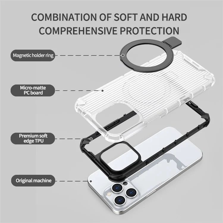 For iPhone 12 Pro Max 6.7 inch Case Stripe Design Magnetic Ring Kickstand PC+TPU Phone Cover - Transparent