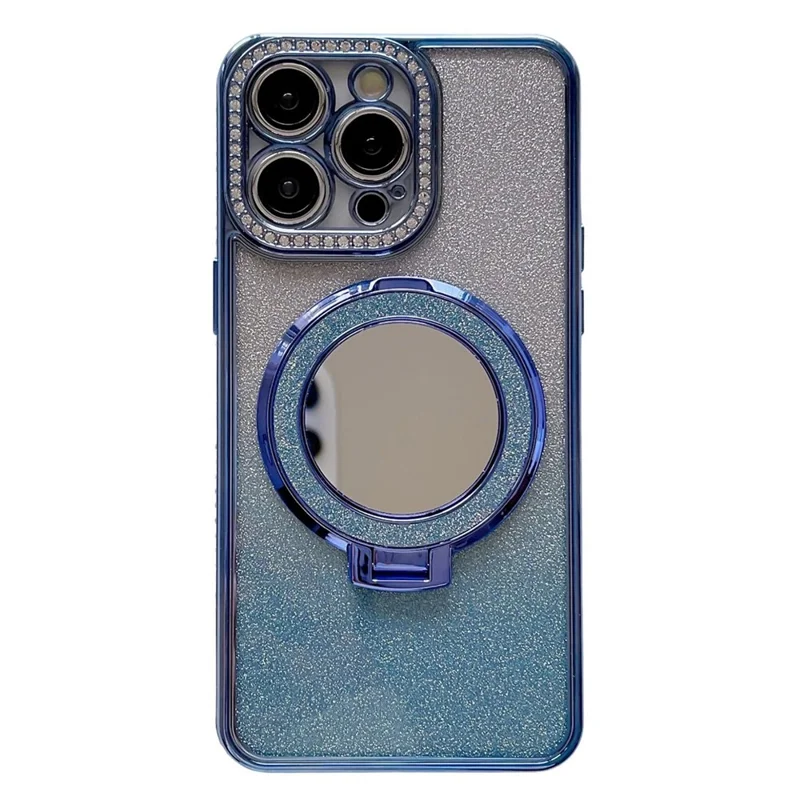 For iPhone 15 Pro Max PC Kickstand Magnetic Phone Cover TPU Phone Case Shell with Acrylic Mirror - Blue