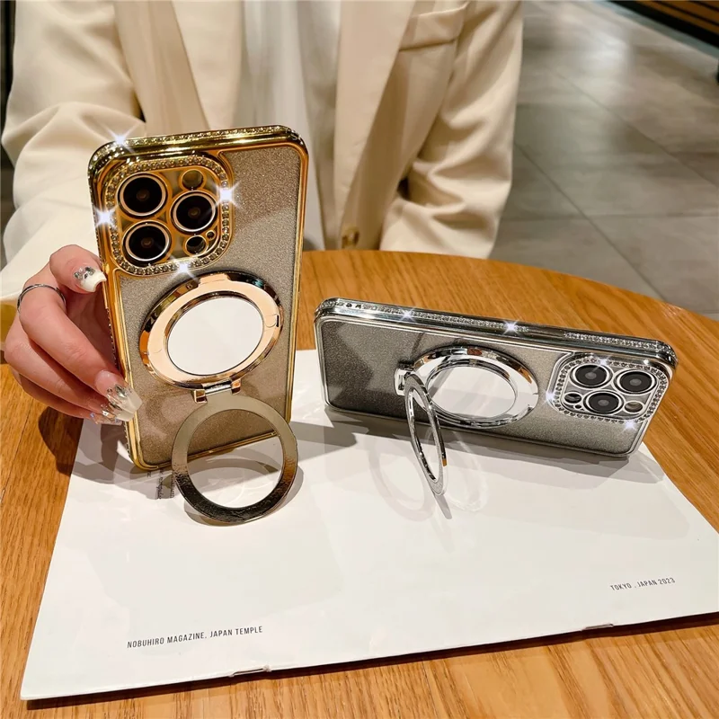 For iPhone 15 Pro Magnetic Cover PC Kickstand TPU Phone Case with Acrylic Mirror - Purple