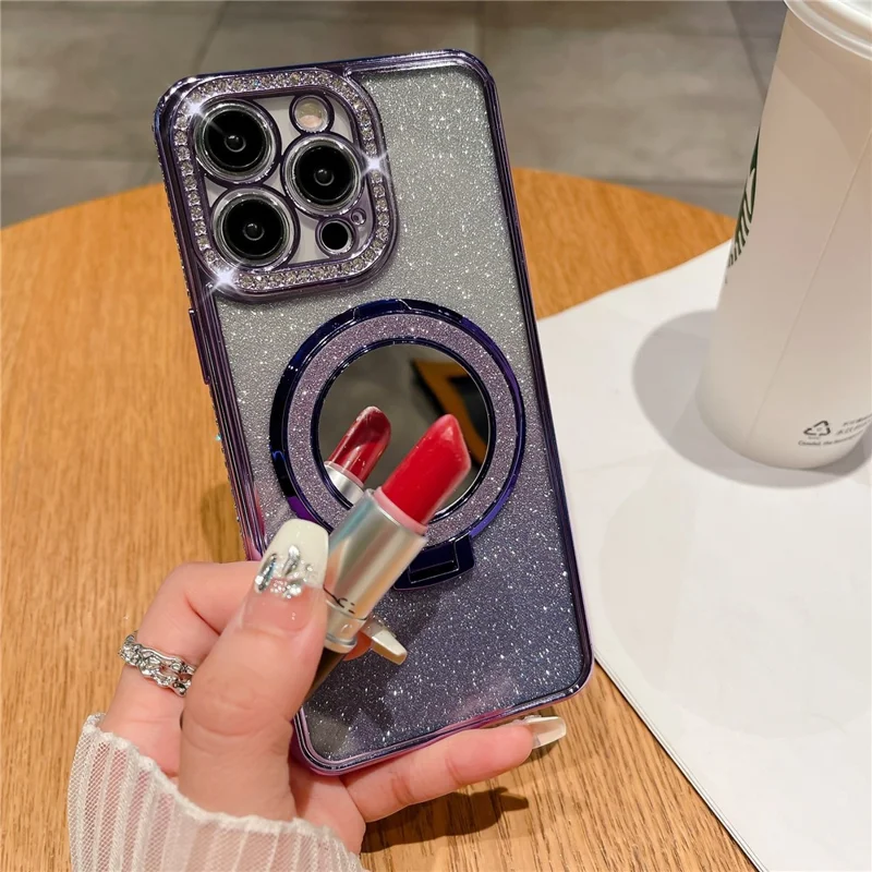 For iPhone 15 Pro Magnetic Cover PC Kickstand TPU Phone Case with Acrylic Mirror - Purple