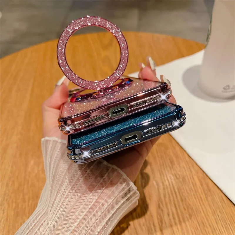 For iPhone 15 Pro Magnetic Cover PC Kickstand TPU Phone Case with Acrylic Mirror - Purple