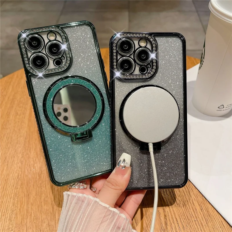 For iPhone 14 Pro Magnetic Phone Cover TPU Phone Case PC Kickstand Shell with Acrylic Mirror - Purple