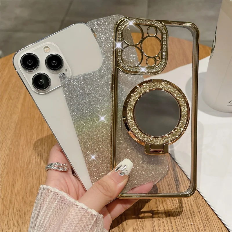For iPhone 13 Pro 6.1 inch Cover PC Kickstand TPU Magnetic Phone Case with Acrylic Mirror - Transparent