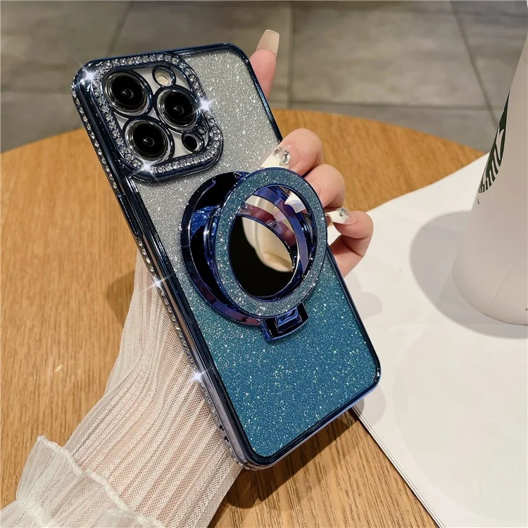 For iPhone 12 Pro Wholesale Phone Supplies Magnetic TPU Phone Case PC Kickstand Shell with Acrylic Mirror - Blue