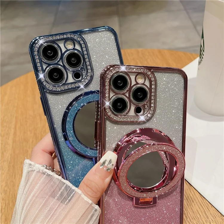 For iPhone 12 Pro Wholesale Phone Supplies Magnetic TPU Phone Case PC Kickstand Shell with Acrylic Mirror - Blue
