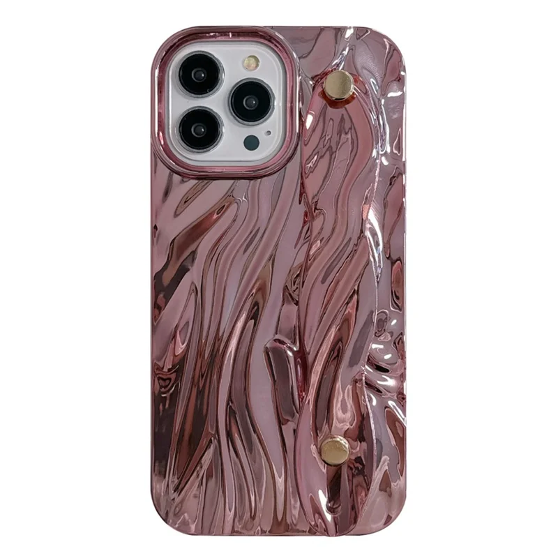 For iPhone 15 Pro Max Case Wrinkled TPU Electroplating Phone Cover with Wristband - Pink