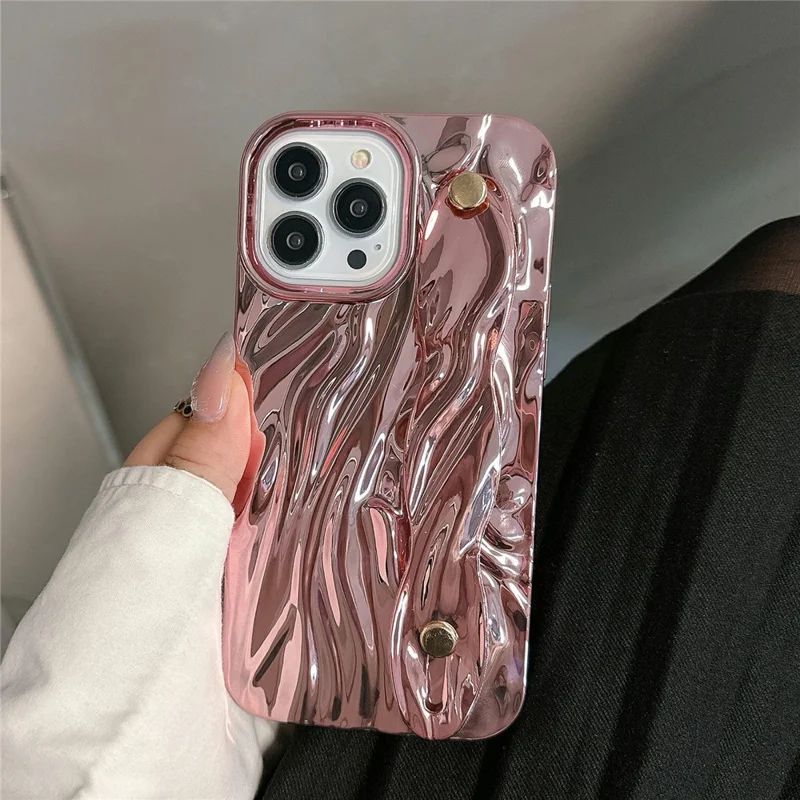 For iPhone 15 Pro Max Case Wrinkled TPU Electroplating Phone Cover with Wristband - Pink