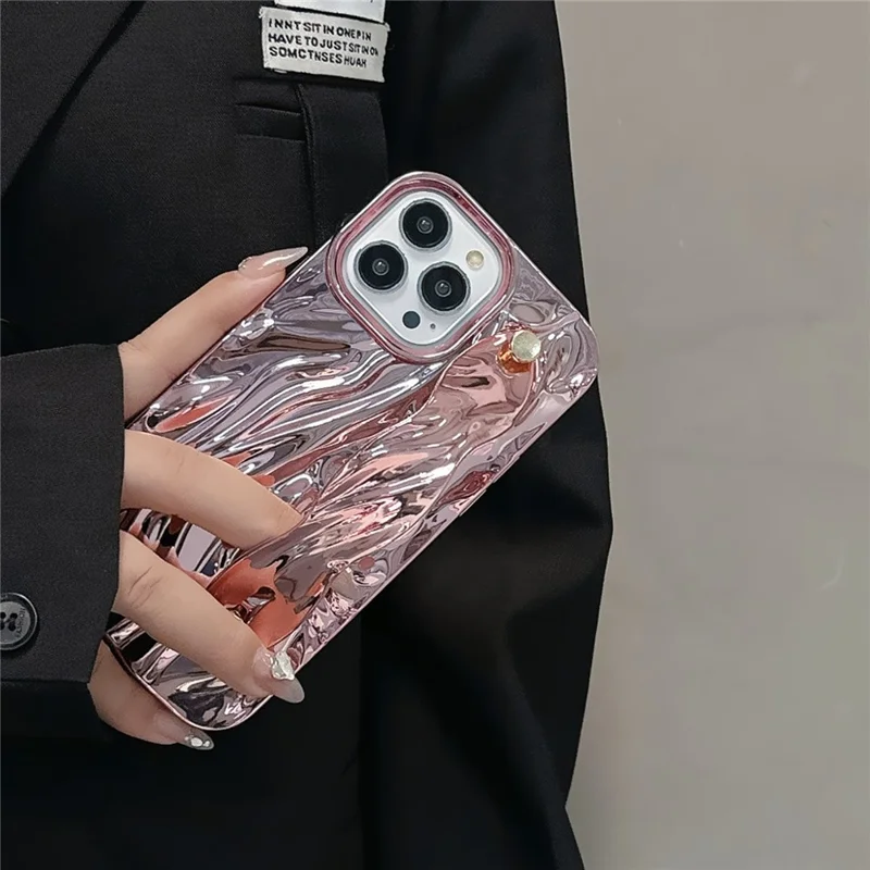 For iPhone 15 Pro Max Case Wrinkled TPU Electroplating Phone Cover with Wristband - Pink