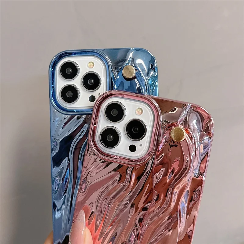 For iPhone 15 Pro Max Case Wrinkled TPU Electroplating Phone Cover with Wristband - Pink