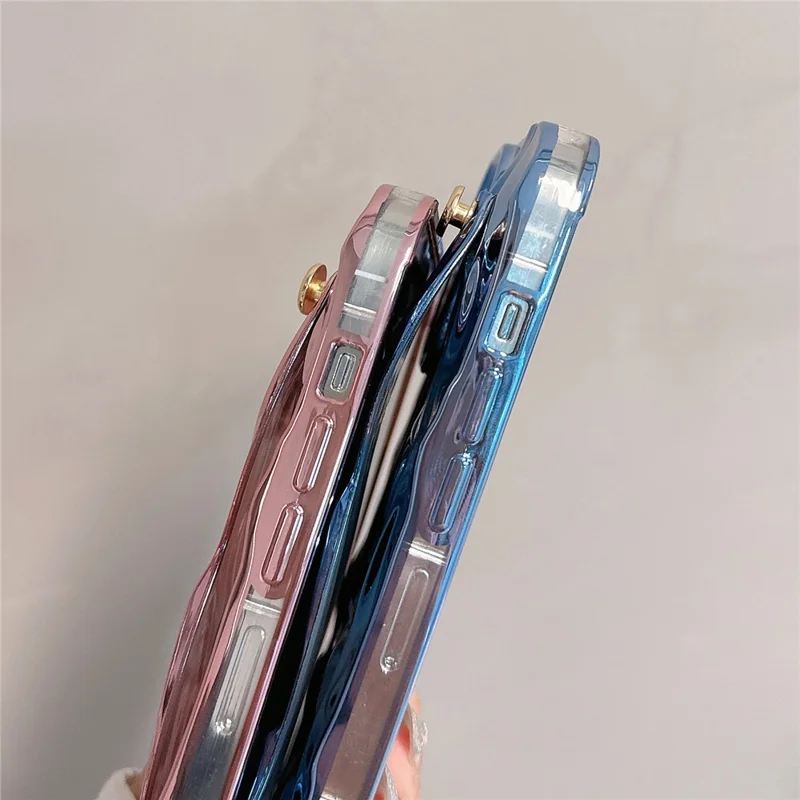 For iPhone 15 Pro Max Case Wrinkled TPU Electroplating Phone Cover with Wristband - Pink