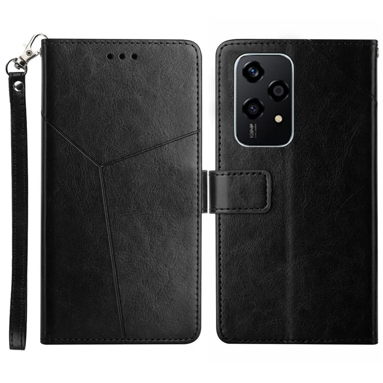 For Honor 200 Lite Case with Wrist Strap Y Shaped Lines Imprint Leather Phone Cover - Black