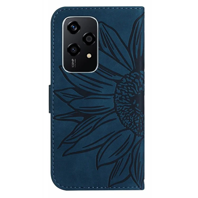HT04 For Honor 200 Lite Case PU Leather Cell Phone Cover with Hand Strap Imprinted Sunflower Printed - Dark Blue